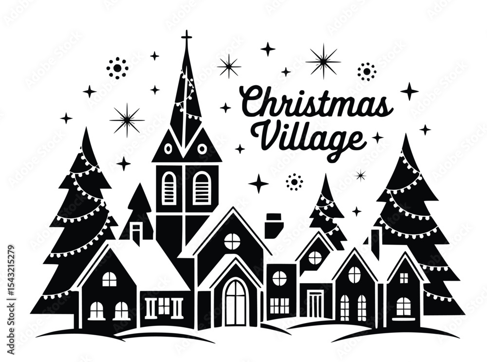 Obraz premium Festive Christmas Village Scene Winter Holiday Houses Snow Church Trees Lights, silhouette