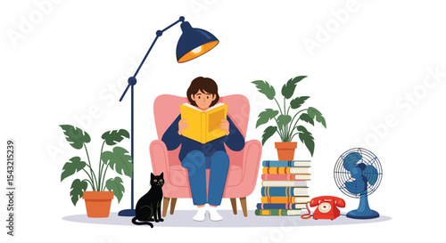 A Cozy Reading Nook Featuring a Person, Plants, Cat, and Other Comforts