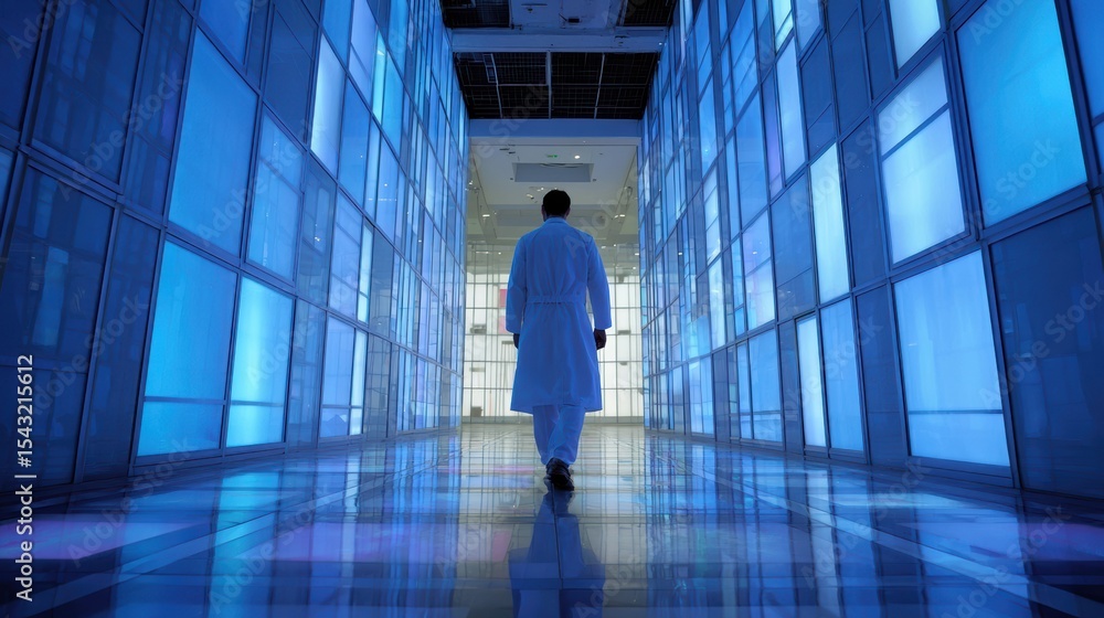 Fototapeta premium A healthcare professional walks through a modern hospital corridor illuminated by soft blue lights.