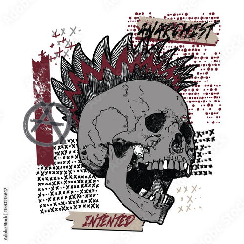 Punk rock skull illustration with mohawk and anarchy symbol, street art, anarchist graffiti for graphic tee. apparel, print, sticker, tattoo
