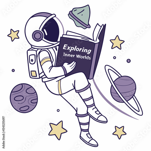 Astronaut reading exploring inner worlds book in space