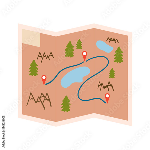 Folded  travel map with trees, lakes, and route markers shown.