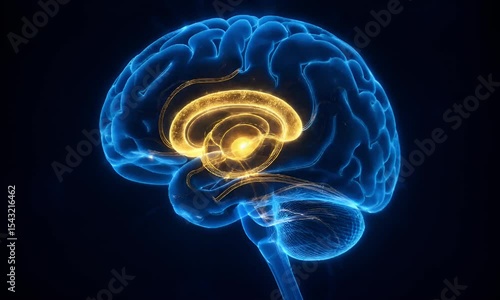 3D rendering of the human brain with highlighted thalamus and neural pathways, showcasing advanced neuroscience, cognition, and central nervous system anatomy.