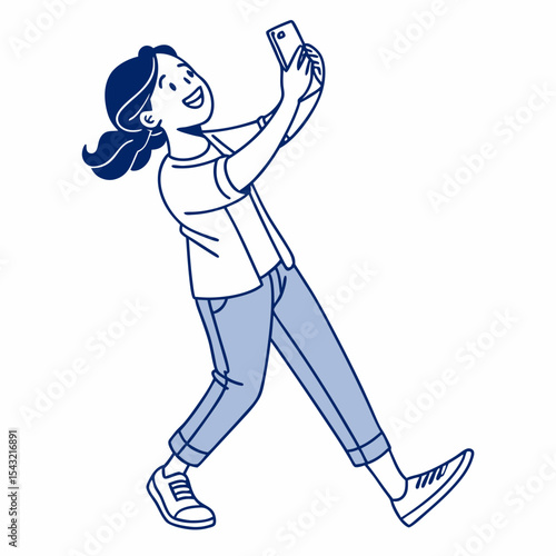 Happy young woman walking taking selfie smartphone