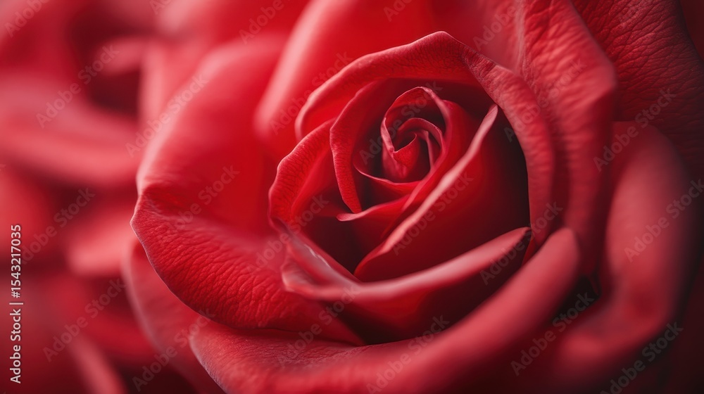 Naklejka premium An exquisite close-up of a velvety red rose, capturing its intricate petals and rich color, symbolizing love, beauty, and passion in nature.