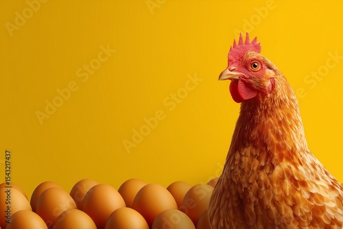 chicken with many eggs, yellow background poultry, concept for egg farming and food production