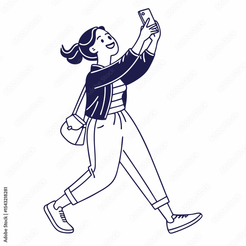 Fototapeta premium Happy young woman walking taking selfie smartphone