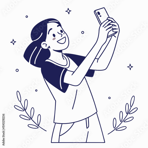 Happy girl taking selfie with smartphone smiling joyful expression