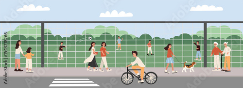 People playing football. Kids playing at the field. People walking on the city sidewalk. Pedestrian. Elderly walking at the park.