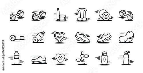 Fitness Icons Set Dumbbells Running Shoes Heart Rate Water Bottle Workout Graphic Design Elements, silhouette