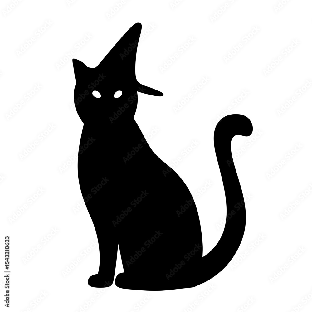 Fototapeta premium Silhouette of a Black Cat Wearing a Witch Hat for Halloween