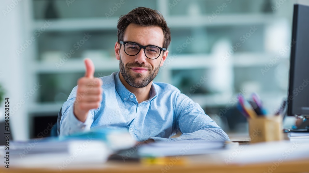 Fototapeta premium A smiling man showing a thumbs up gesture in a modern office setting, conveying positivity and success.
