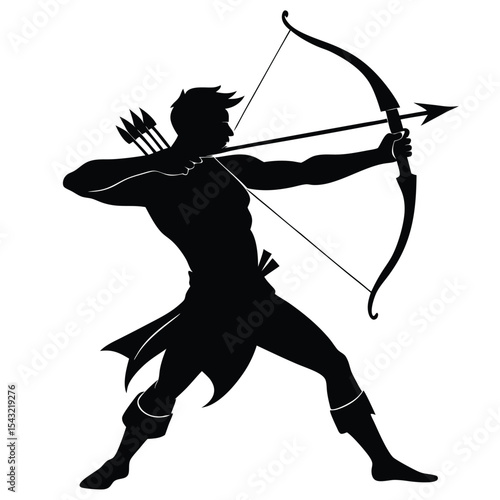 Black Silhouette Archer Drawing Male Figure Bow Arrows