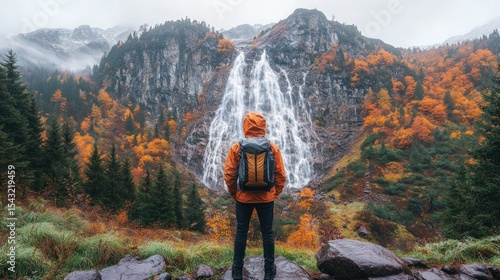 Fototapeta Naklejka Na Ścianę i Meble -  Hikers gaze at autumn waterfall amidst misty mountains