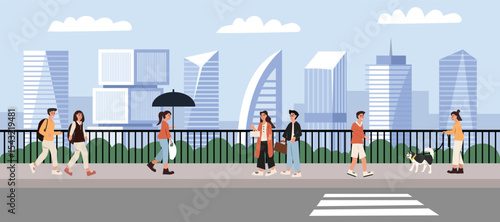 People walking on the sidewalk. Pedestrian at the city street. City bridge. City landscape. City skyscraper scenery.