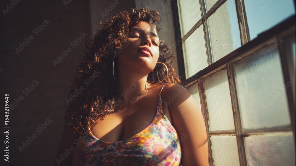 Fototapeta premium A woman basking in sunlight by the window, embracing natural light and serenity in a vibrant atmosphere.