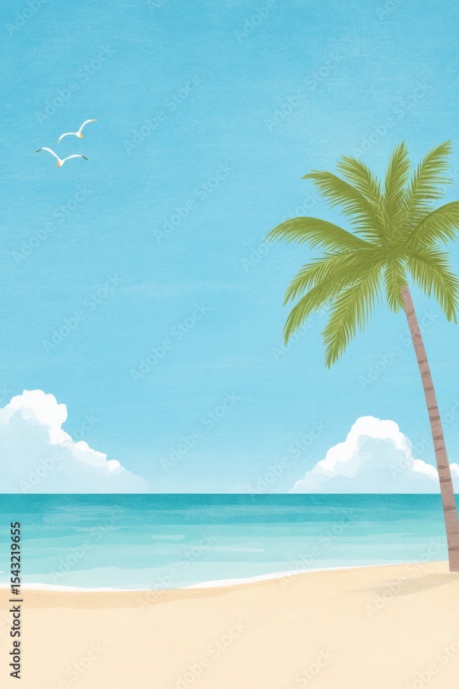 Obraz premium Bali Beach Escape, minimalist retro poster featuring serene shoreline, swaying palm trees, tranquil waters, soft pastel colors, nostalgic getaway atmosphere