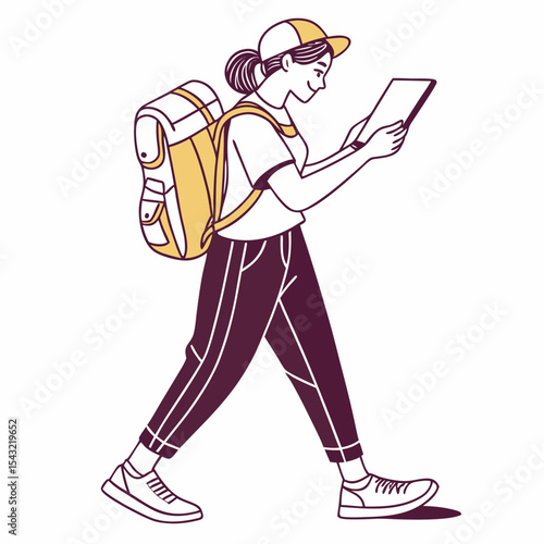 Young woman traveler walking using tablet backpack