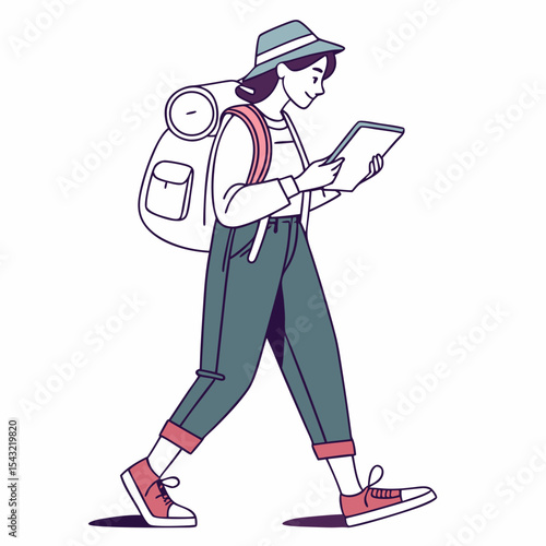 Young woman backpacker using tablet while hiking outdoors