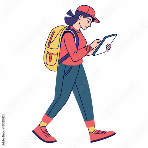 Young woman walking using tablet backpack travel