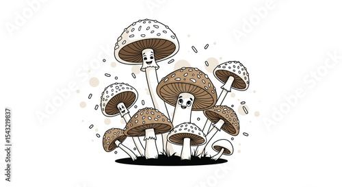A Digital Illustration of a Group of Diverse Fungi Growing from the Ground