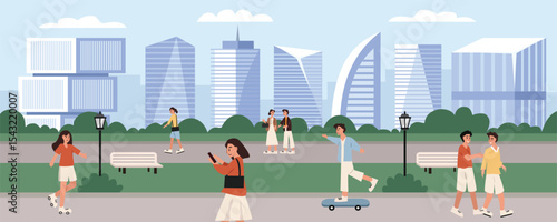 People playing on the city park. Bench park. People walking at the city park. Leisure time. People walking on the urban park. Skyscraper scenery at the parks.