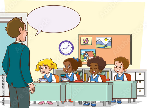 Classroom with students and teacher. Lesson. Teacher and students are talking in the classroom. Primary school children. Children are listening to the teacher. Primary school children.