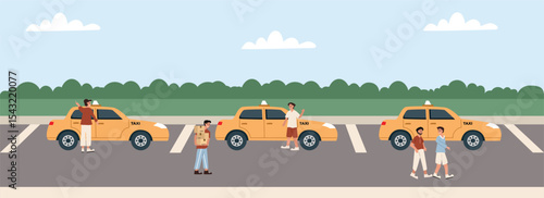 Parking lot for taxi. Taxi driver. Taxi company. Taxi industry. Parking place. People at cabstand. city transportation. People waiting for a yellow taxies on the street