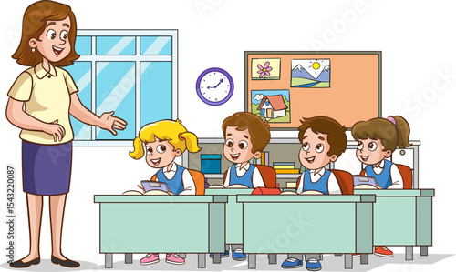 Classroom with students and teacher. Lesson. Teacher and students are talking in the classroom. Primary school children. Children are listening to the teacher. Primary school children.