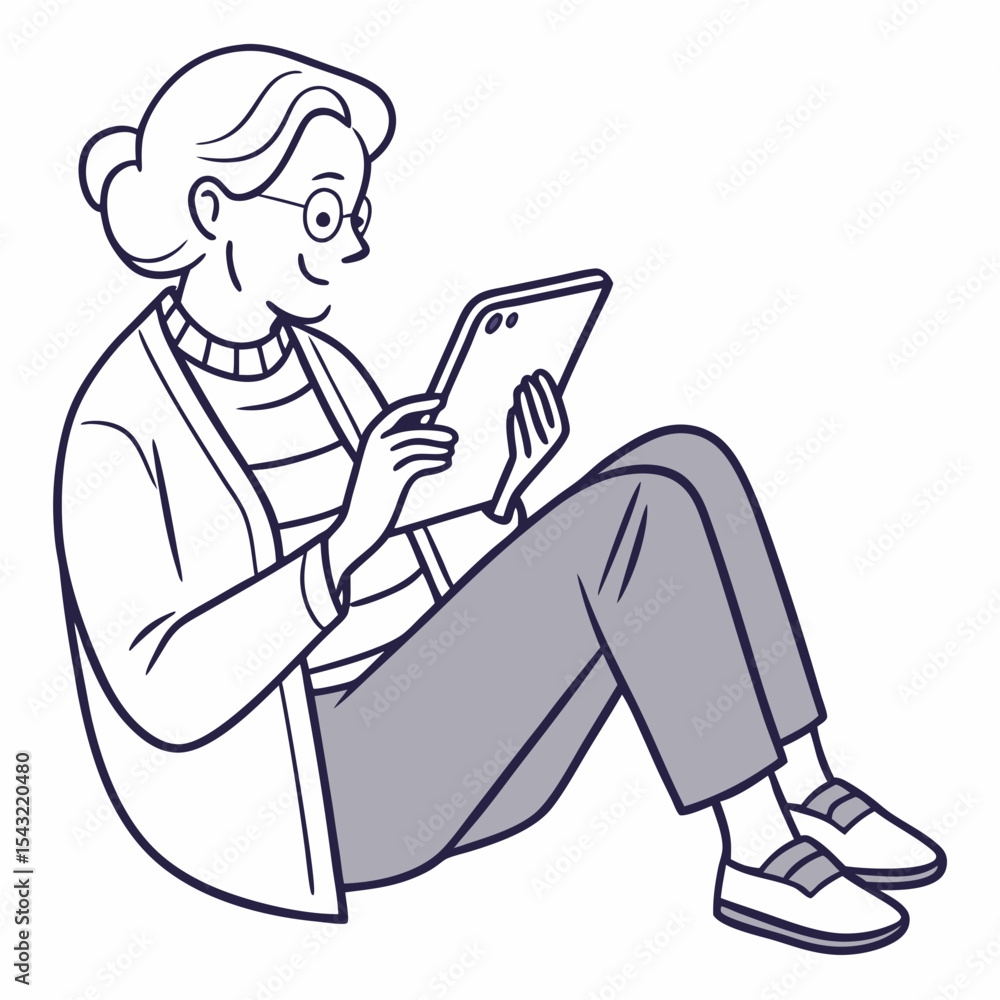 Elderly woman sitting floor using tablet device clean cutout Elderly woman sitting floor using tablet device clean cutout