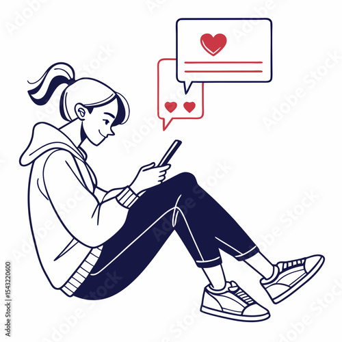 Girl using smartphone receiving love reactions social media