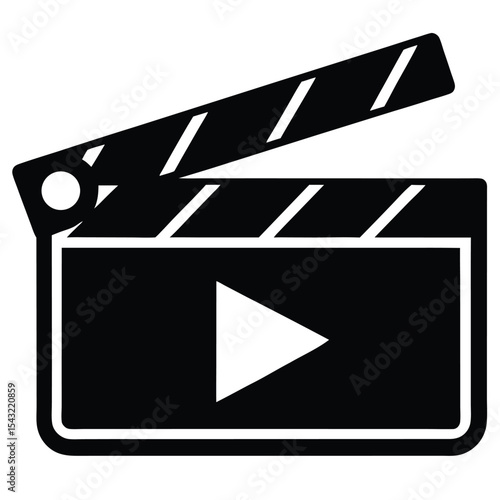 Simple black and white icon of a clapperboard with a play button for video production