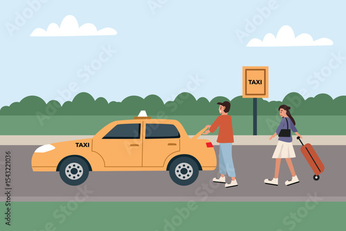 People order taxi. Taxi driver at cabstand. Taxi at park. Public transportation. Driver and passenger. People hailing a taxi on a city street with luggage