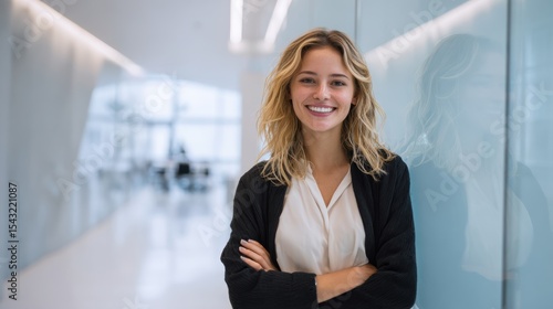 Free Download Confident young woman smiling in modern office space, embodying professionalism and positivity. - GFXLoad