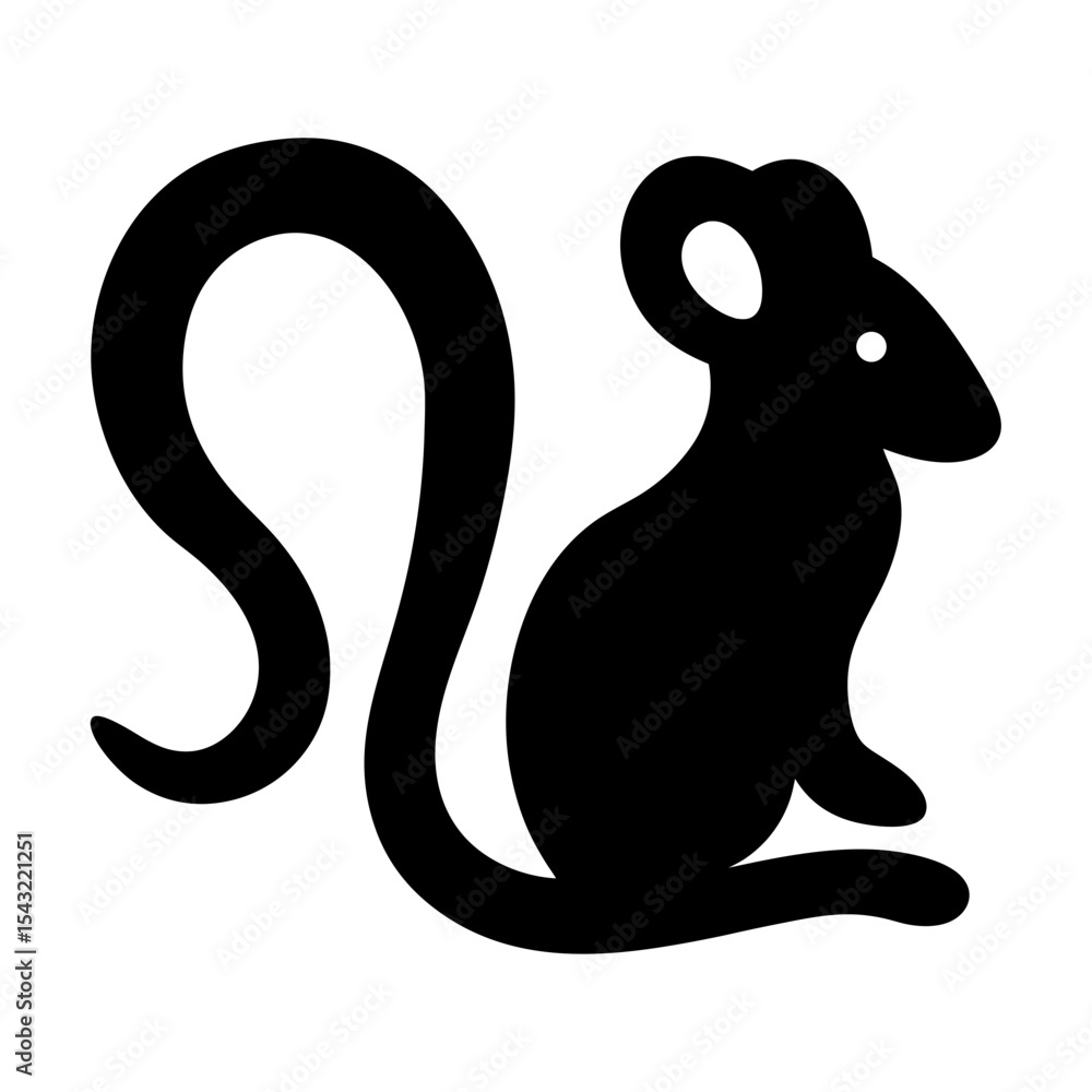 Stylized black silhouette of a rat or mouse with curled tail Stylized black silhouette of a rat or mouse with curled tail