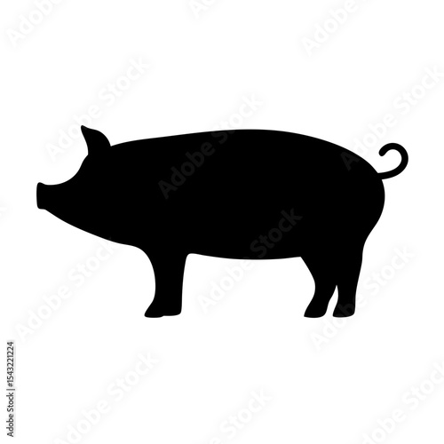 A simple black silhouette of a pig on a stark white background