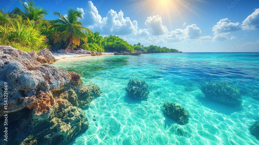 Fototapeta premium Idyllic tropical beach with crystal-clear turquoise water, white sand, palm trees, and rocky shoreline