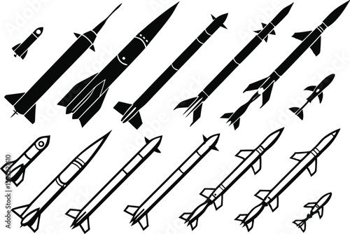 various missiles and rockets, arranged in rows against a white background