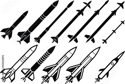 various missiles and rockets, arranged in rows against a white background