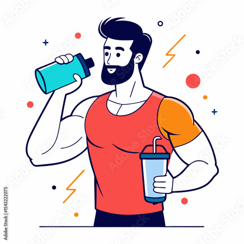 Man character drinking protein shake from shaker bottle after gym. Fitness and sport outline concept. Vector 