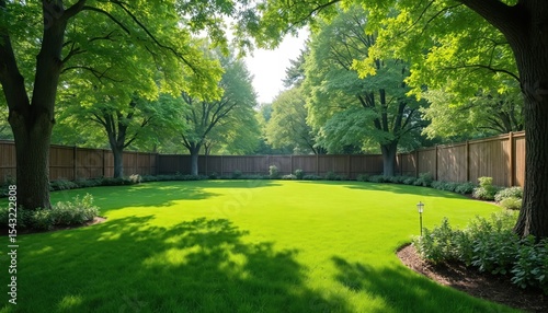 Large fenced green backyard with trees. Rich grass, shady trees. Garden yard, private area. Natural landscape. Peaceful place for relax, outdoor leisure. Sun, shadows. Tranquility and serenity.