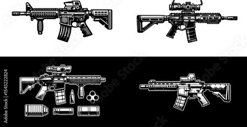 set of flat black and white line art of an assault rifle, a key weapon in modern warfare and battlefields.