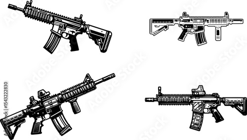 set of flat black and white line art of an assault rifle, a key weapon in modern warfare and battlefields.