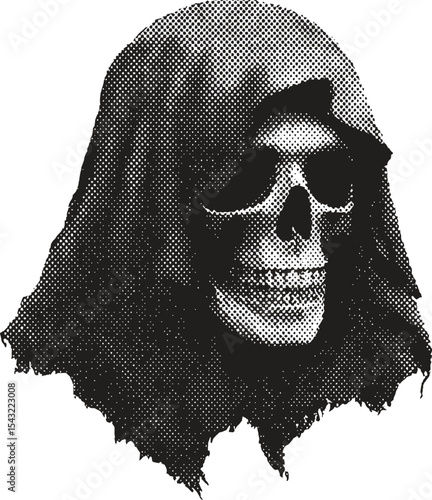 Halftone Grim Reflection: A haunting depiction of a skull, cloaked in shadow, evokes a sense of mystery and mortality, perfect for conveying themes of darkness and introspection.