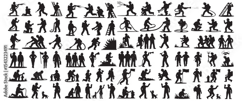 Brave Firefighter Silhouettes  Action Pose Vector Set