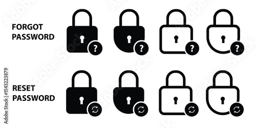 Forgot and reset password set filled and line icon, vector illustration