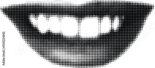 Halftone Smile in Dots: An abstract close-up of a smiling mouth, crafted from intricate dots, forming a captivating grayscale image, capturing the essence of human expression.