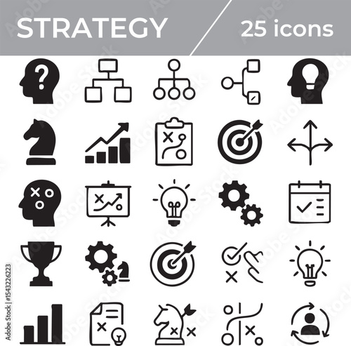 A set of 25 strategy icons displayed on a white background