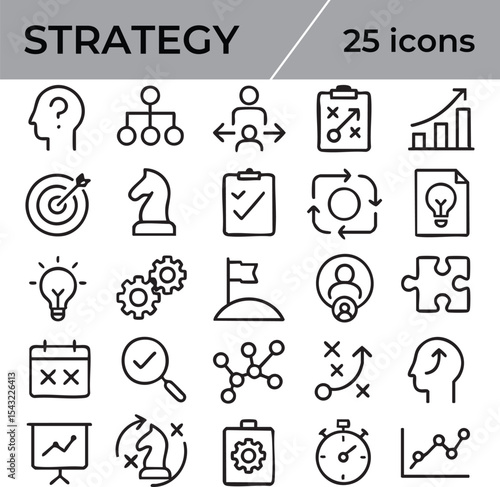 A set of 25 strategy icons displayed on a white background