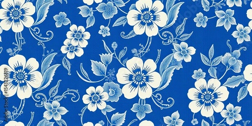 Subtle indigo floral kimono textile, repeating seamless vintage pattern, background texture, repeat